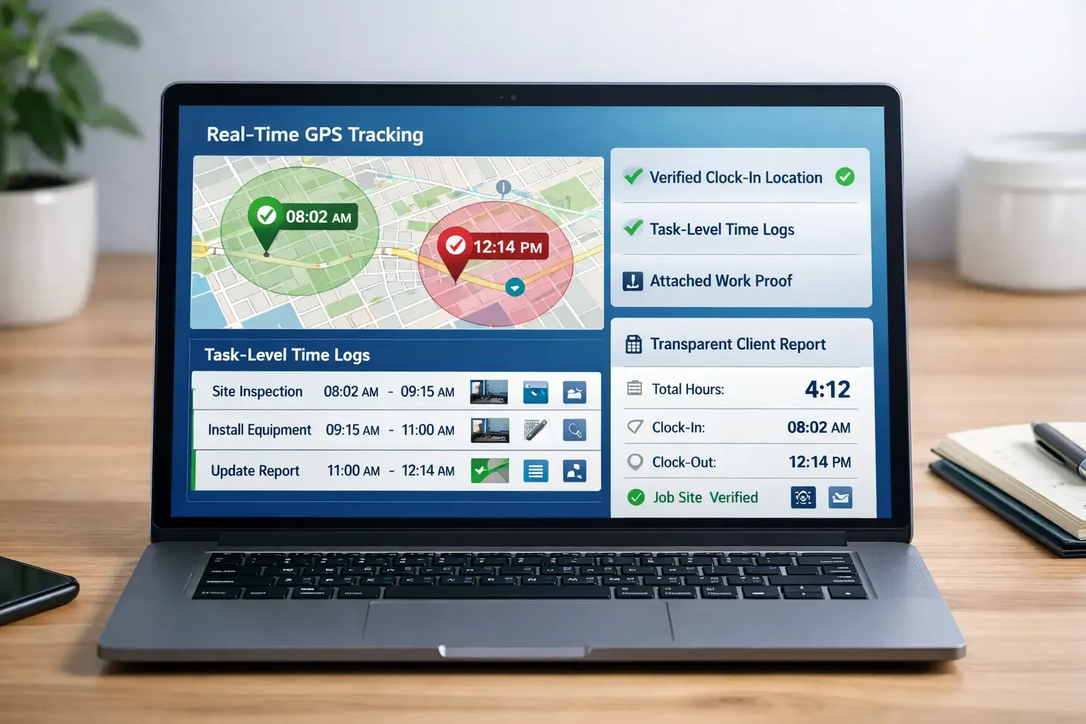 Laptop showing GPS time tracking dashboard with verified logs and reports
